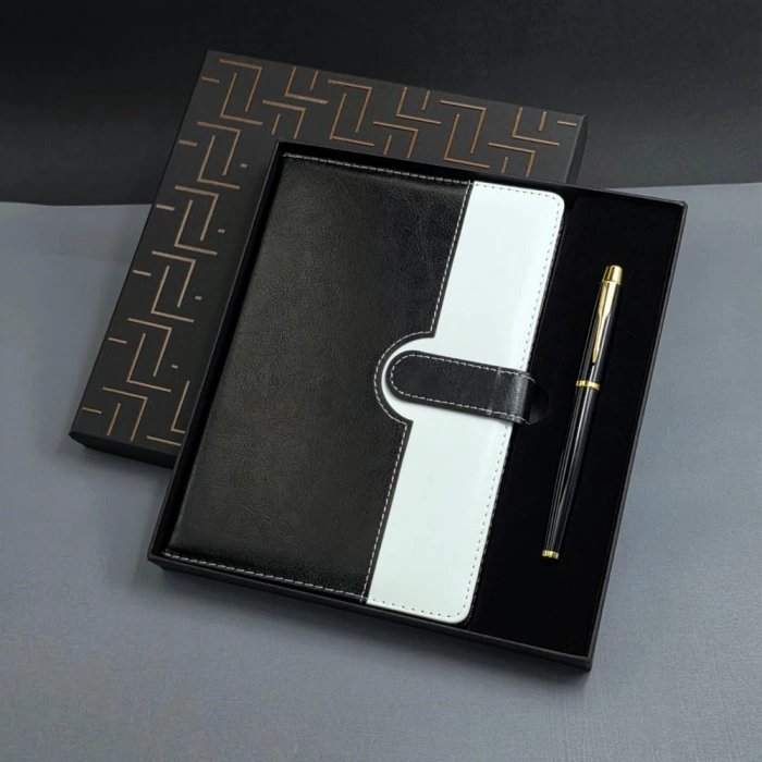 Siyah Beyaz Renkli Tarihsiz Ajanda Defter Ve Metal Roller Kalem Seti
