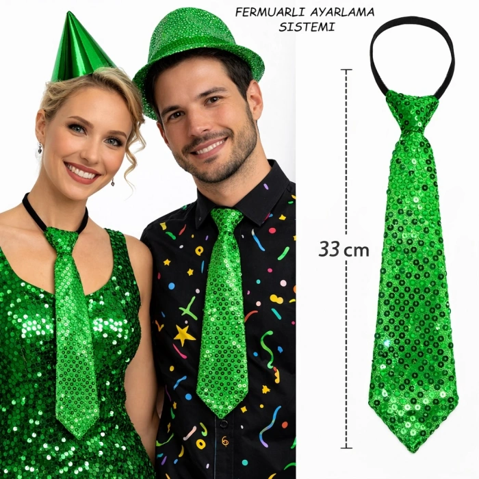 Yeşil Renk Pul Payetli Işıltılı Parti Kravatı 33 cm