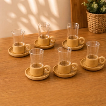 12 Parça Çay Seti - Bambu Bardak Altığı - Çift Cidarlı Cam - 150 ml
