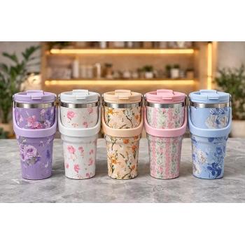 Çiçek Desenli 700 ml Taşıma Kulplu Paslanmaz Çelik Termos Mug Bardak