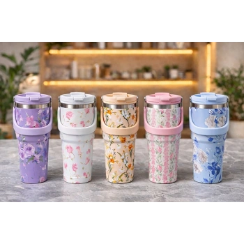 Çiçek Desenli 900 ml Taşıma Kulplu Paslanmaz Çelik Termos Mug Bardak