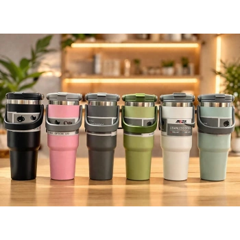 Renkli 700 ml Taşıma Kulplu Paslanmaz Çelik Termos Mug Bardak