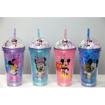 Sevimli Mickey Mouse Pipetli Işıklı Boncuklu Suluk Bardak 400 ml