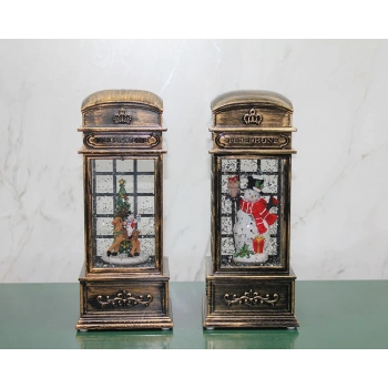 Telefon Kulübesi Tasarımlı Yılbaşı Temalı Işıklı Müzikli Kar Küresi Model 1