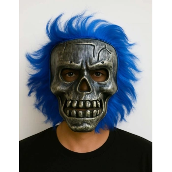 Wild Skull - Gümüş Kafatası Mavi Saçlı İskelet Maske