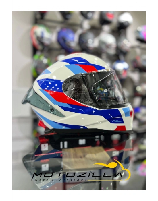 865 Titan Beyaz Mavi Kapalı Kask Güneş Vizörlü