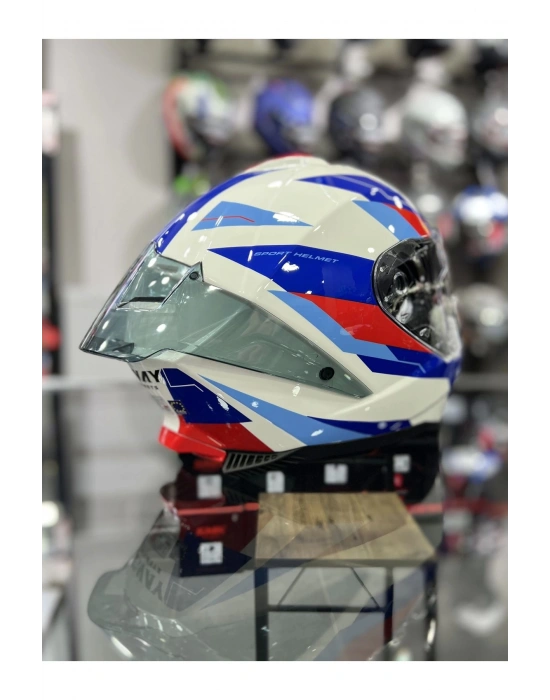 865 Titan Beyaz Mavi Kapalı Kask Güneş Vizörlü