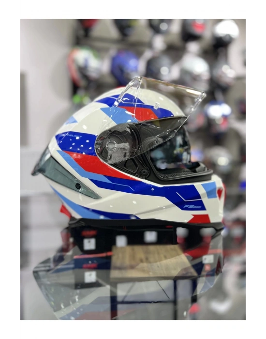 865 Titan Beyaz Mavi Kapalı Kask Güneş Vizörlü