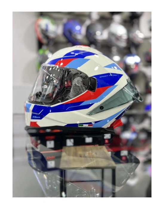 865 Titan Beyaz Mavi Kapalı Kask Güneş Vizörlü