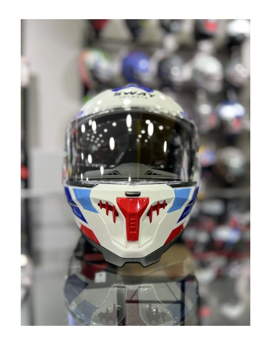 865 Titan Beyaz Mavi Kapalı Kask Güneş Vizörlü