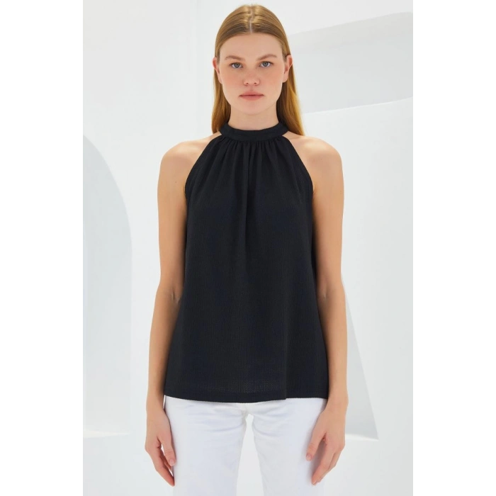 0489 Halter Yaka Örme Bluz - Siyah