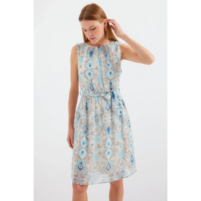 2501 Desenli Sıfır Kol Şifon Elbise - Mavi