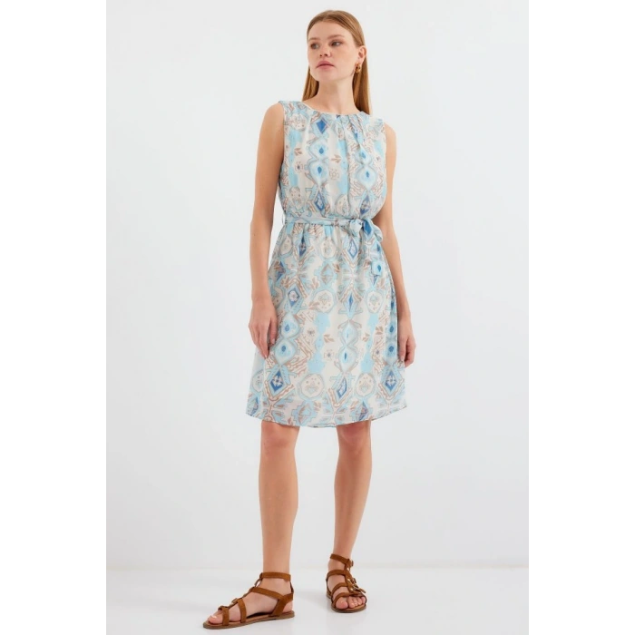2501 Desenli Sıfır Kol Şifon Elbise - Mavi