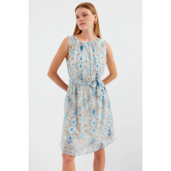 2501 Desenli Sıfır Kol Şifon Elbise - Mavi