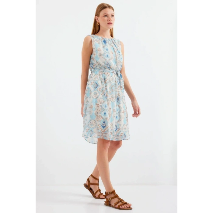 2501 Desenli Sıfır Kol Şifon Elbise - Mavi