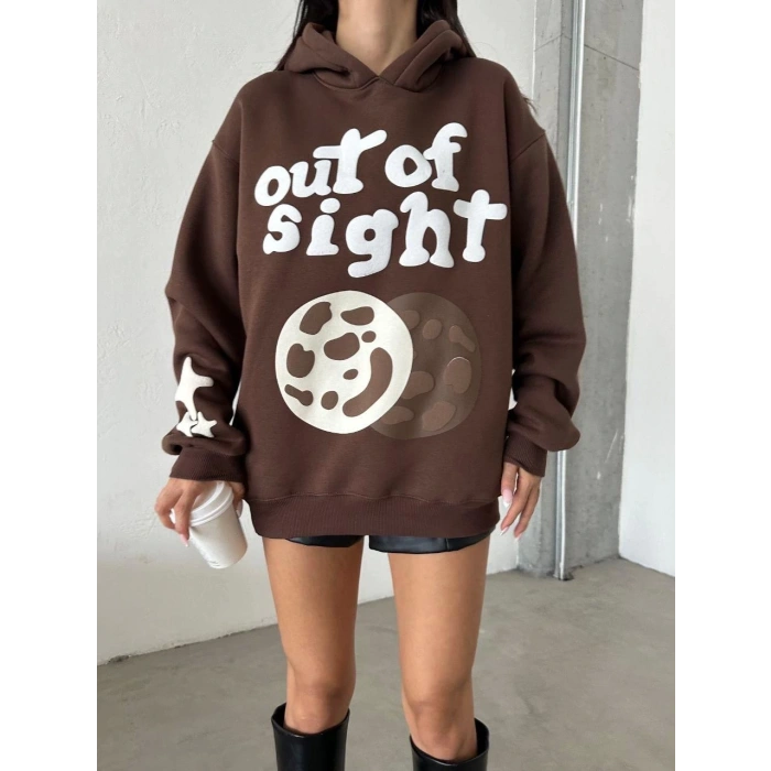 3 iplik şardonlu oversize out of baskılı sweat kahve