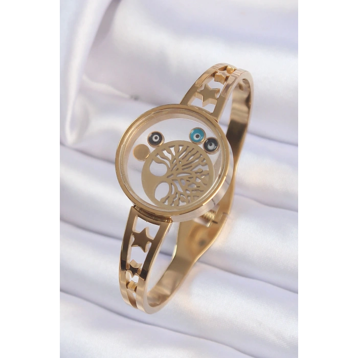 316L Çelik Altın Renk İçi Yaşam Ağacı ve Nazar Boncuk Figürlü Açılabilir Fanus Kelepçe