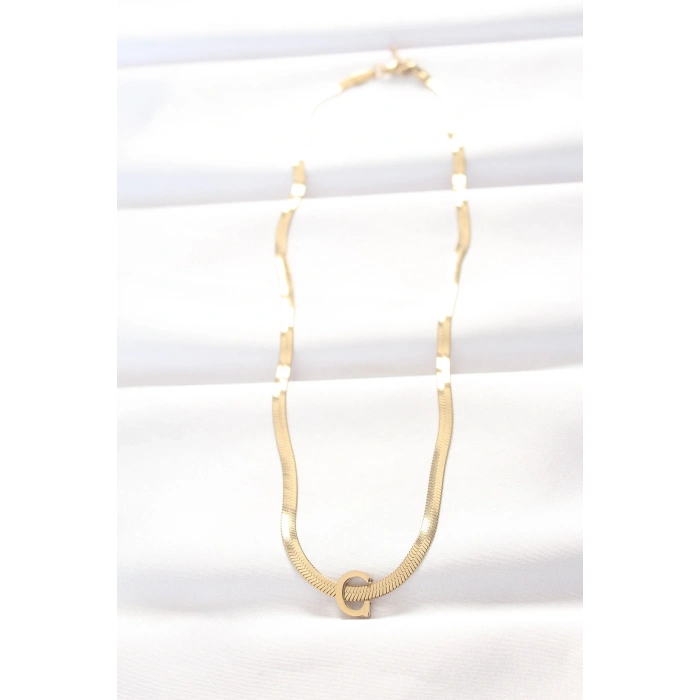 316L Çelik C Harfli Gold Renk İtalyan Zincirli Kolye