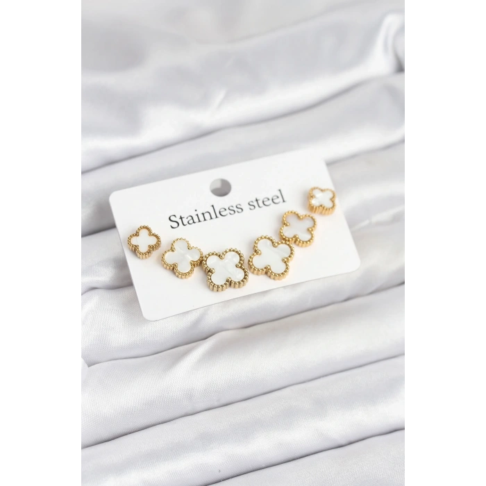 316L Çelik Gold Beyaz Renk 3 Boy Yonca Küpe Seti