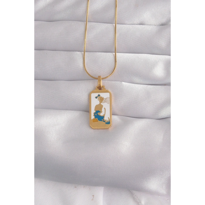 316L Çelik Gold Renk Beyaz Mineli Kız Figür Tarot Kolye