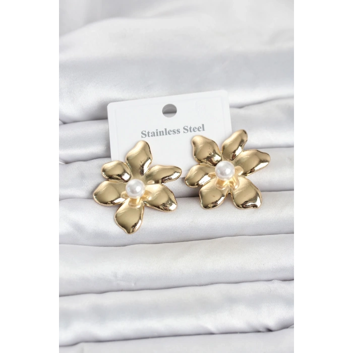 316L Çelik Gold Renk İncili Lotus Model Kadın Küpe