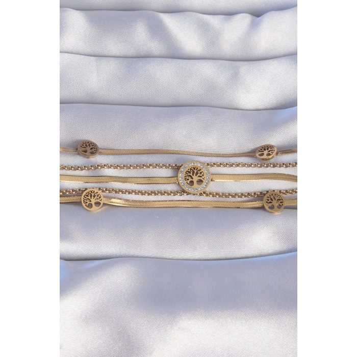 316L Çelik Gold Renk İtalyan Zincir Detaylı Zirkon Taşlı Yaşam Ağacı Tasarımlı Çoklu Bileklik