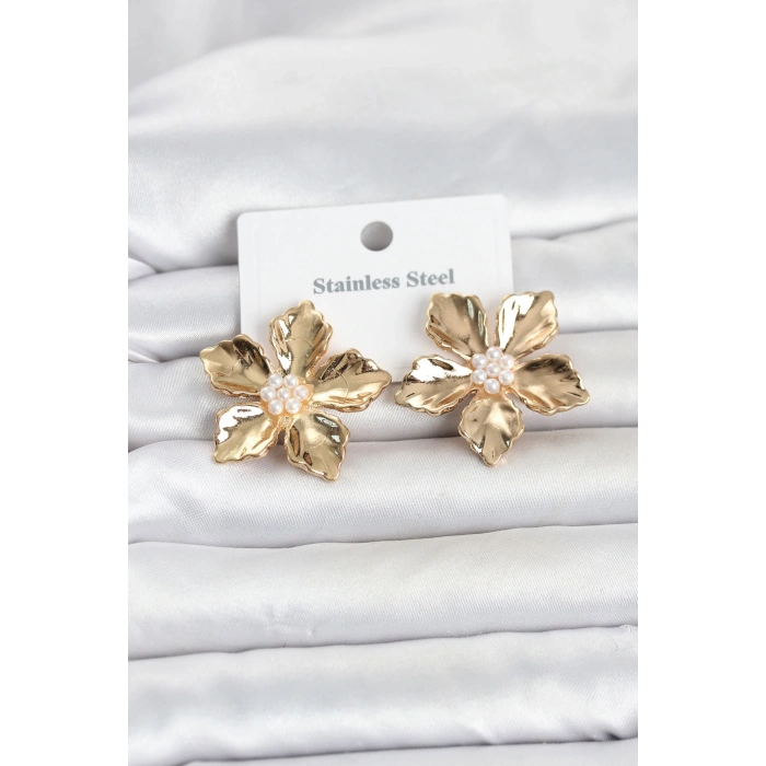 316L Çelik Gold Renk Lotus Çiçek Model Kadın Küpe