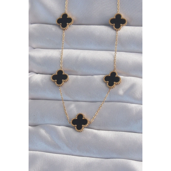 316L Çelik Gold Renk Siyah Mineli Yonca Kolye
