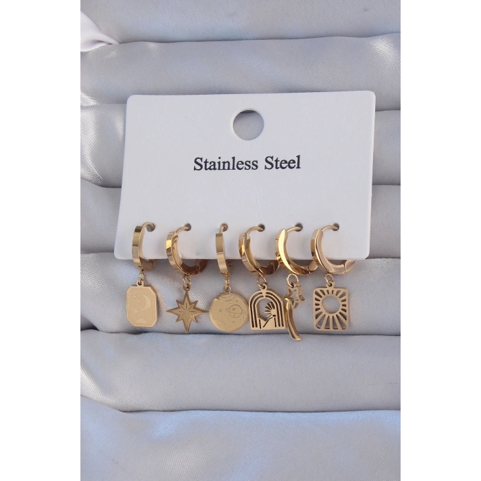 316L Çelik Gold Renk Yıldız Figürlü Tarot Model Halka Küpe Seti