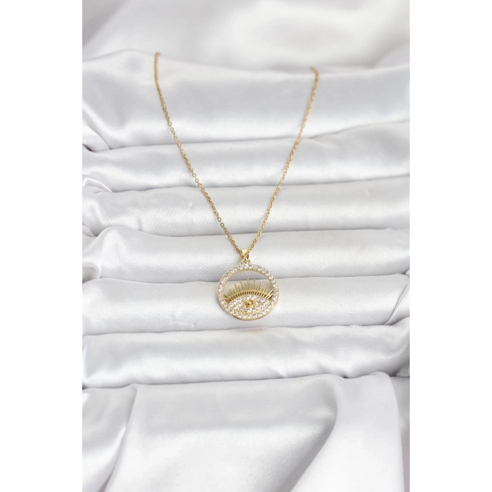 316L Çelik Gold Renk Zirkon Taşlı Göz Model Kadın Kolye