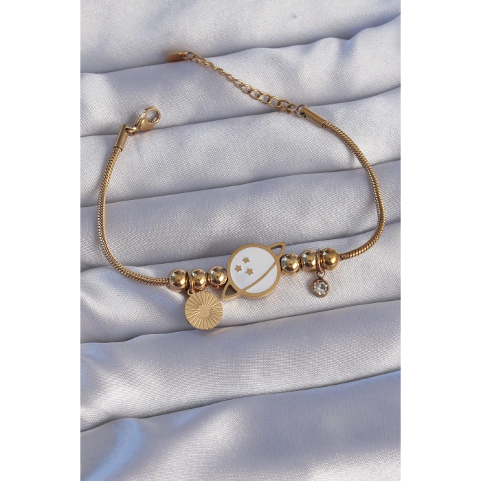 316L Çelik Gold Renk Zirkon Taşlı Mineli Satürn Tasarımlı Bileklik