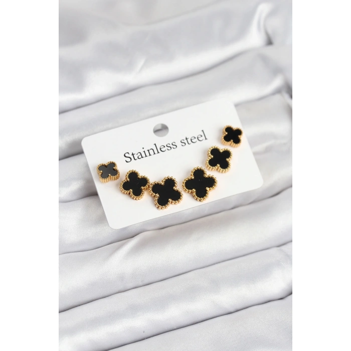 316L Çelik Gold Siyah Renk 3 Boy Yonca Küpe Seti