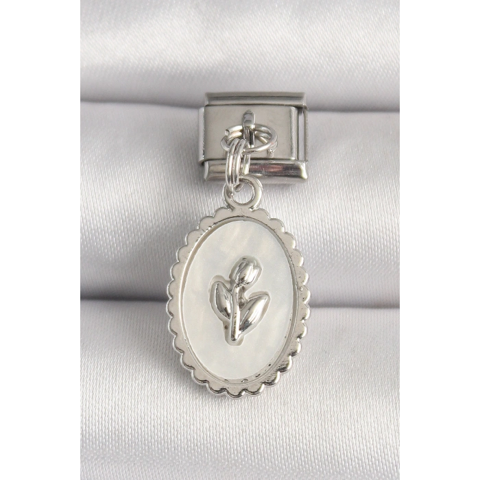 316L Çelik Gümüş Renk Beyaz Mineli Çiçek İşlemeli Nomination Charm