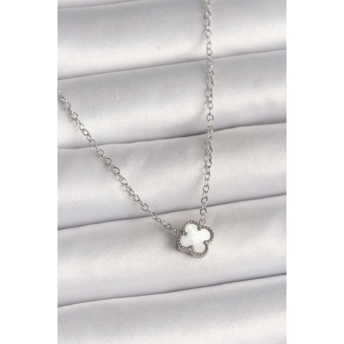 316L Çelik Gümüş Renk Beyaz Yonca Model Kadın Kolye