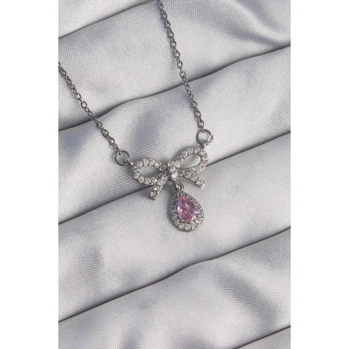 316L Çelik Gümüş Renk Fiyonk Detay Pembe Zirkon Taşlı Damla Kolye