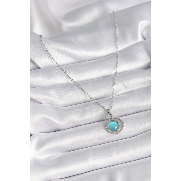 316L Çelik Gümüş Renk Mavi Sedefli Hilal Model Kadın Kolye