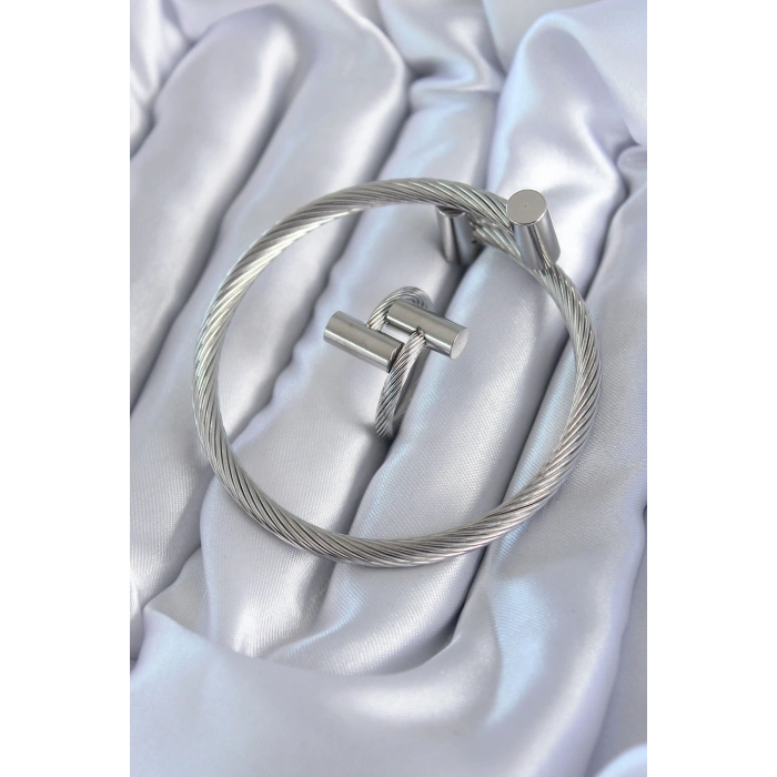 316L Çelik Gümüş Renk Sarmal Model Erkek Bileklik Yüzük Kombini