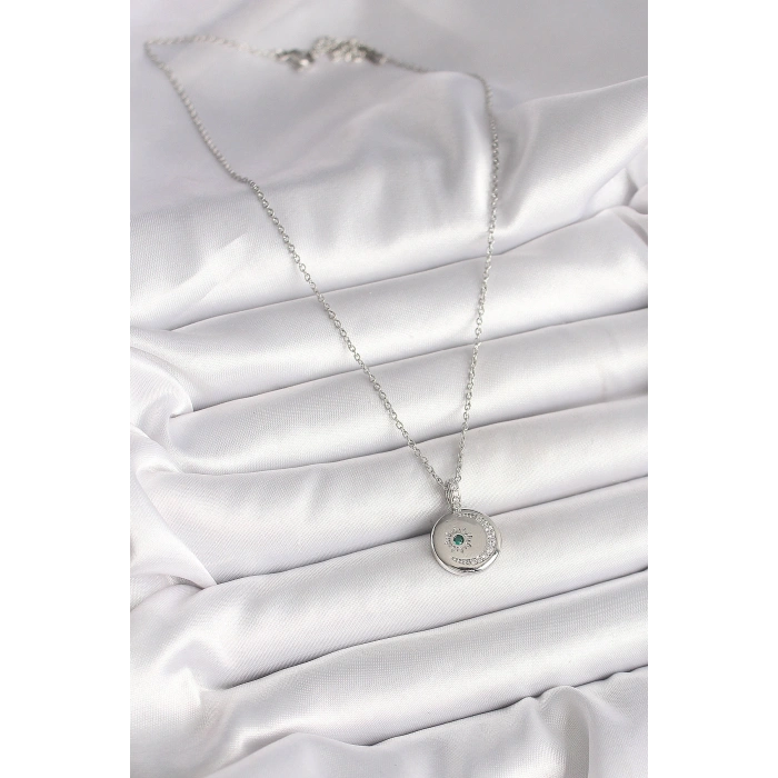 316L Çelik Gümüş Renk Zincir Madalyon Zirkon Taşlı İşlemeli Hilal Yıldız Model Kadın Kolye