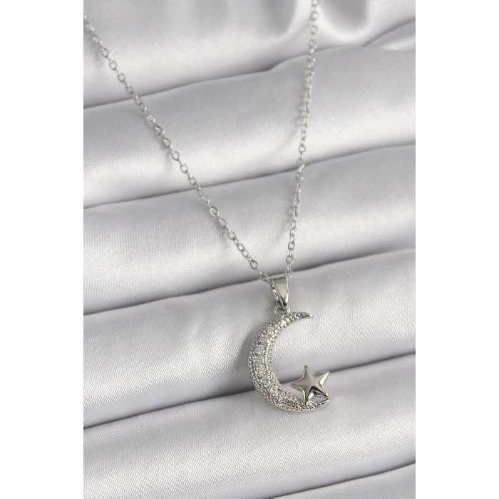 316L Çelik Gümüş Renk Zincir Zirkon Taşlı Hilal Model Yıldız Detay Kadın Kolye
