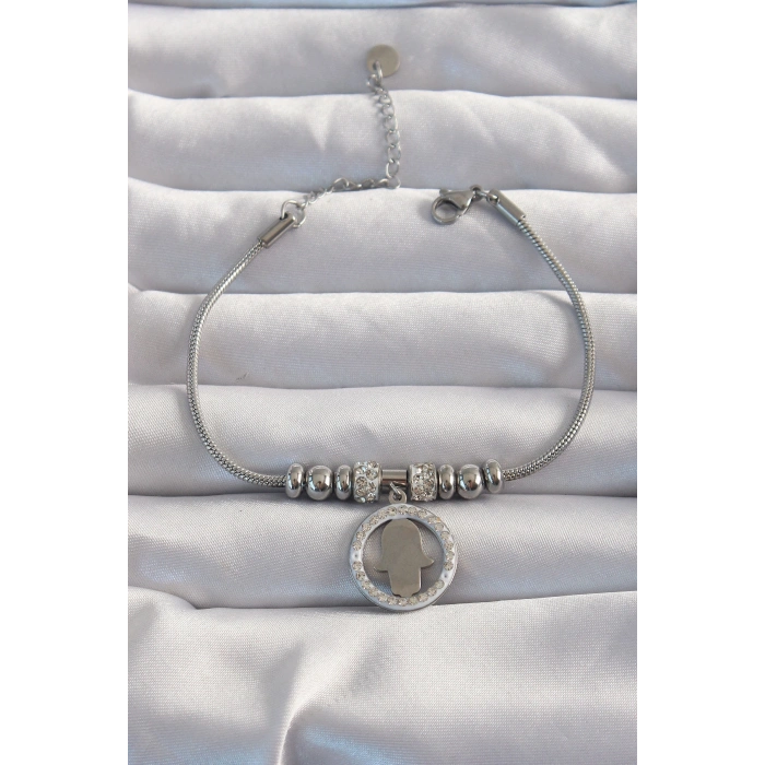 316L Çelik Gümüş Renk Zirkon Taş Aksesuarlı Fatma Ana Eli Bileklik