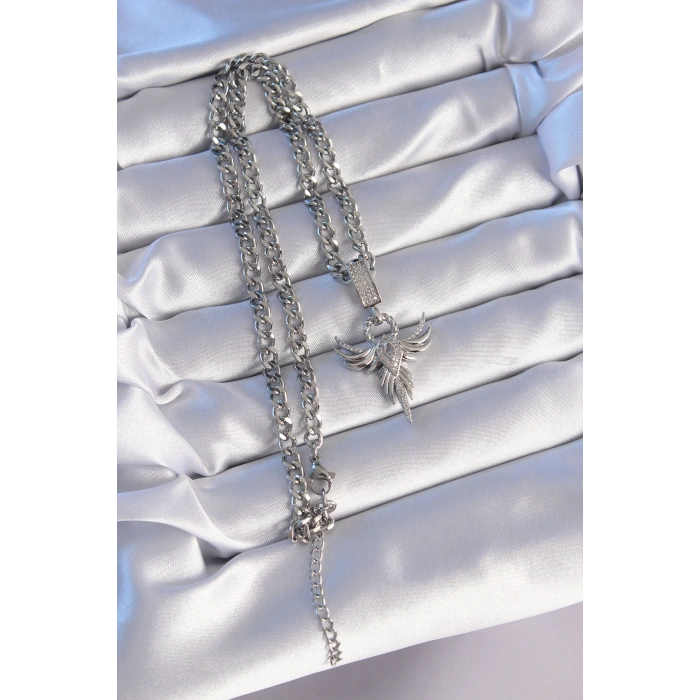 316L Çelik Gümüş Renk Zirkon Taşlı Anka Kuşu Model Kolye