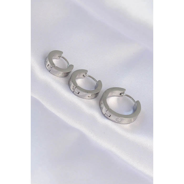 316L Çelik Gümüş Renk Zirkon Taşlı Model 3lü Halka Küpe