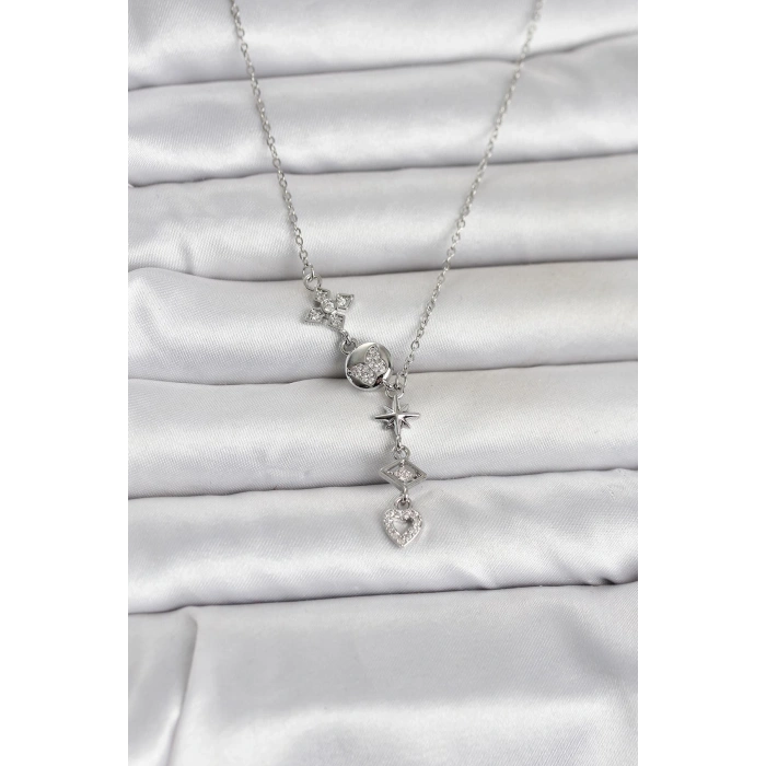 316L Çelik Gümüş Renk Zirkon Taşlı Y Kadın Kolye