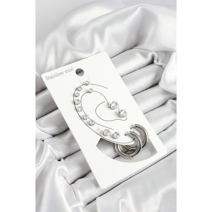 316L Çelik Halka Figürlü Ve Zirkon Taşlı Gümüş Renk 7li Çift Kadın Küpe Set