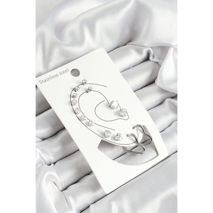 316L Çelik Kalp Figürlü Ve Zirkon Taşlı Gümüş Renk 7li Çift Kadın Küpe Set