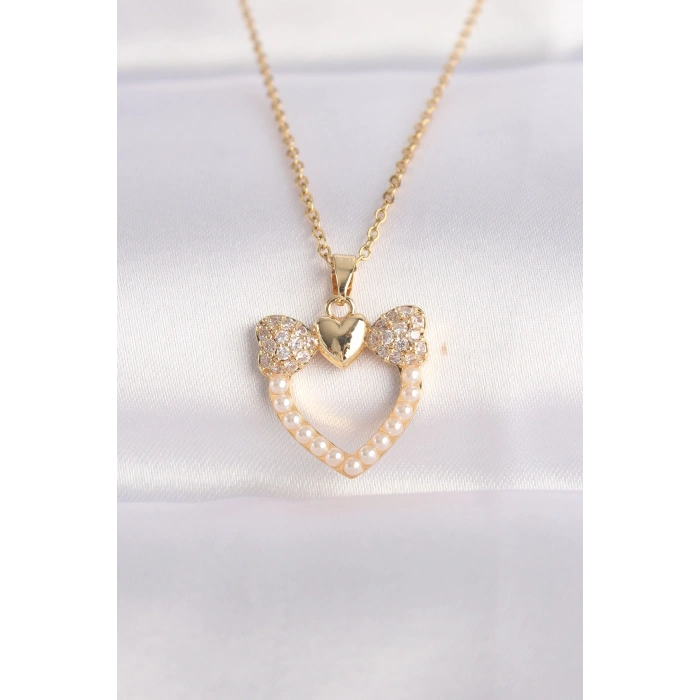 316L Çelik Zincir Altın Renk İnci Taş Detay Zirkon Taşlı Kalp Kolye