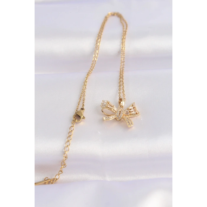 316L Çelik Zincir Altın Renk Zirkon Taşlı Fiyonk Kolye