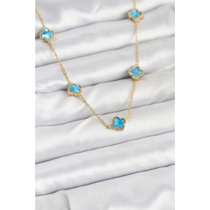 316L Çelik Zincir Gold Renk Buz Mavisi Baby Boy Yonca Kadın Kolye