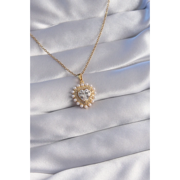 316L Çelik Zincir Gold Renk İncili Zirkon Taşlı Kalp Tasarımlı Kolye