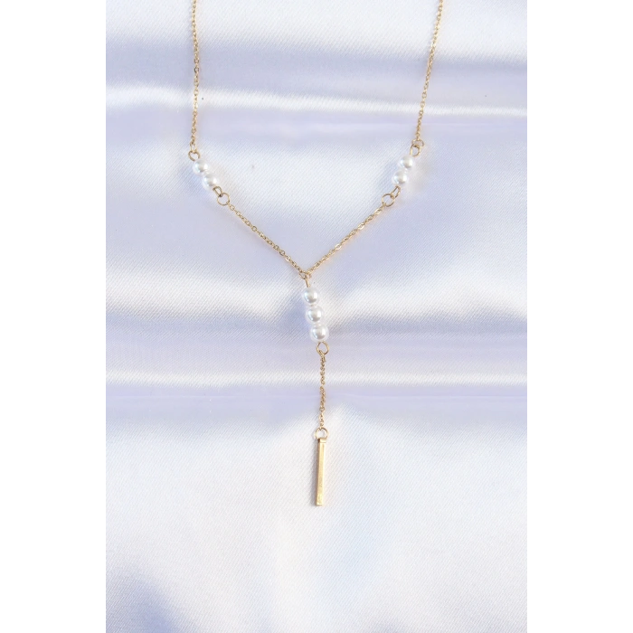 316L Çelik Zincir Gold Renk Minimal İnci Taşlı Sallantılı Kolye